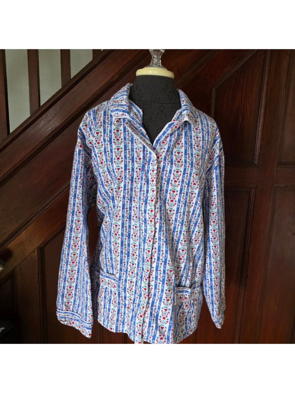 Floral Striped Button-Up Pajama Top By Lanz Of Salzburg Size L Cotton Blend